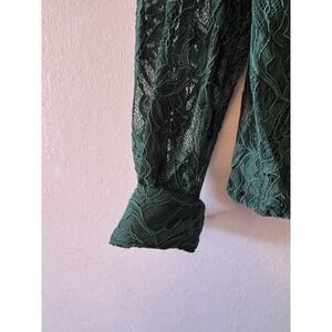 Adriana Papell Lace Forest Green Long Sleeved Tie Front Blouse Size M